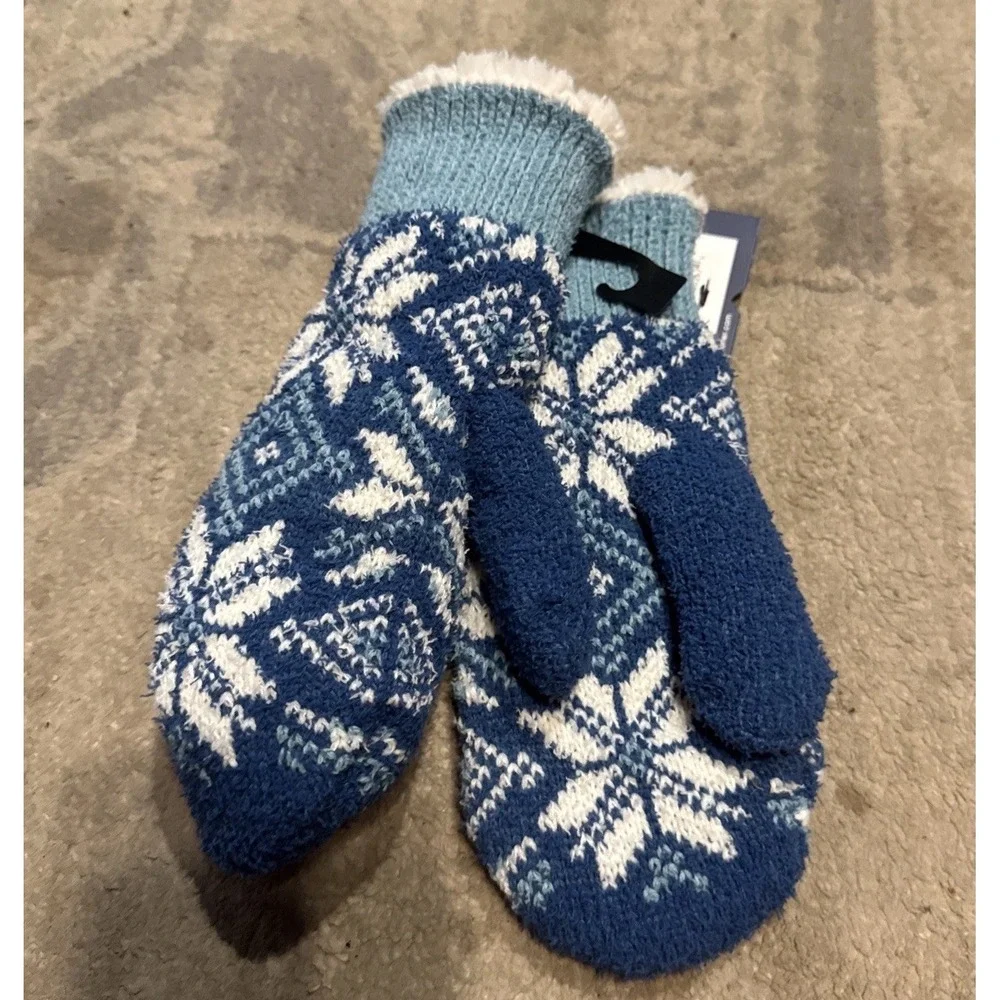 ISOTONER WOMENS KNIT WINTER GLOVES MITTENS ONE SIZE BLUE WITE LINED NEW - Picture 2 of 5